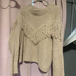 No Boundaries Tan Crew Neck Sweater with Fringe Detail